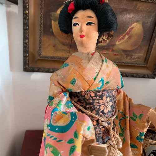 Japanese Geisha Doll used, 1960s with handmade clothes on wooden base