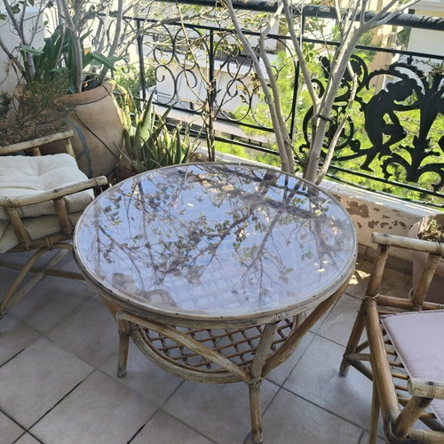 Bamboo balcony coffee lounge set with 2 armchairs and round glass table