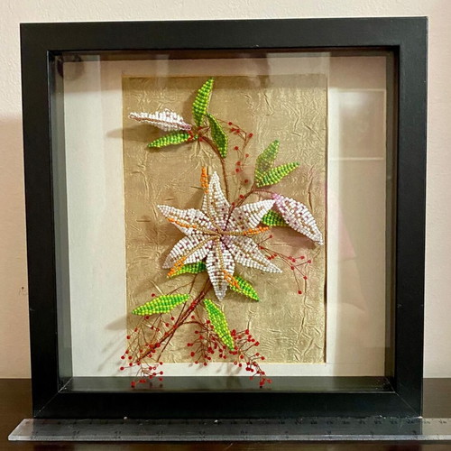 3D Beaded Artwork White Lily Handmade in IKEA Ribba Frame like new