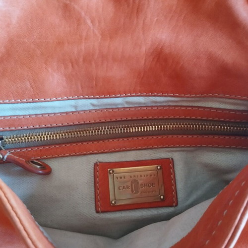 Car Shoe leather shoulder bag used, vintage patina, orange and gold