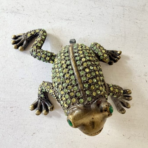 Mini vintage decorative frog jewelry box like new, metal with crystals