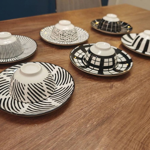 Ceramic coffee set 6 pieces new, black and white design