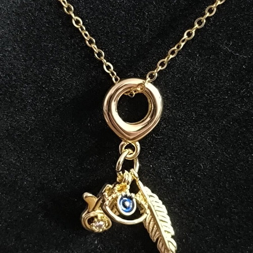 Lucky Charm Necklace with Eye, Feather and Butterfly in Gold Tone