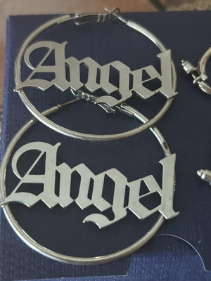 Hoop earrings new with inscription, metal, silver color