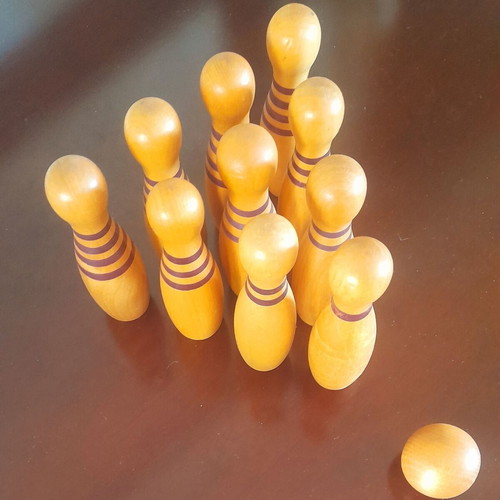 Wooden mini bowling decorative like new with 10 pins and ball