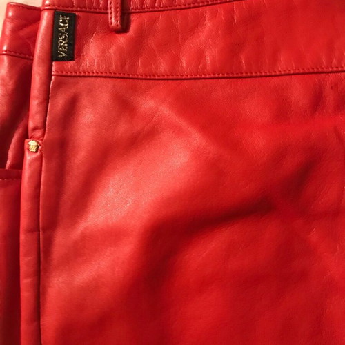 Versace Jeans Couture red leather pants with Medusa embossing, size 31