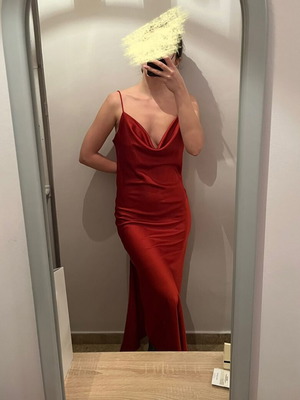Owtwo satin draped dress orange-red with spaghetti straps like new