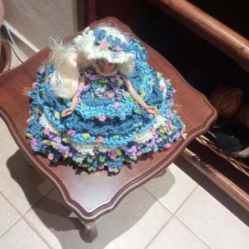 Handmade knitted dress and hat set for doll, bathroom decor