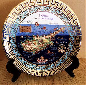 Κεραμικό πιάτο,παλιός χάρτης της Κύπρος με χρυσές πινελιές των 24 κανατίων