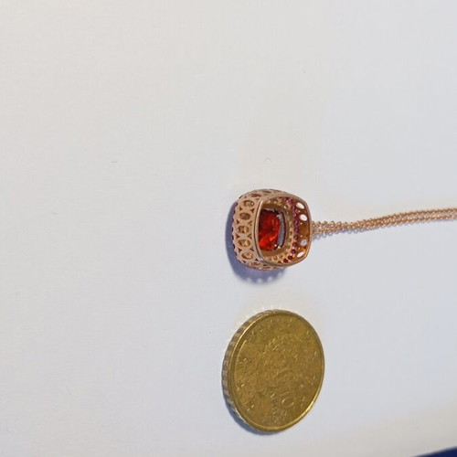 Luxury 925 silver necklace pink gold plated with 8x8 garnet and double halo zirconia new