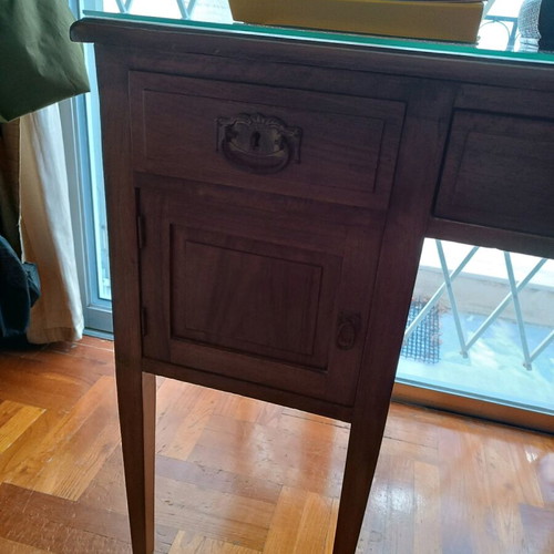Antique desk like new with burgundy fabric and glass