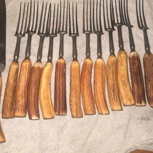 Lund collectible cutlery used, stag handle, 1840 era, 12 forks 7 steel knives
