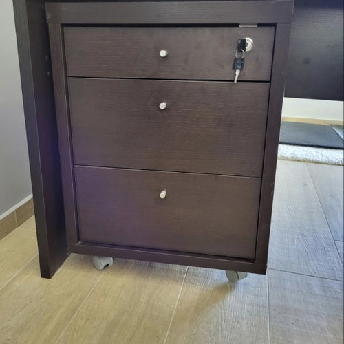 Sato desk used with curved wooden surface and Wenge drawer unit