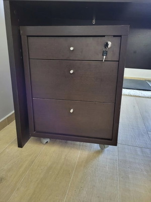 Sato desk used with curved wooden surface and Wenge drawer unit