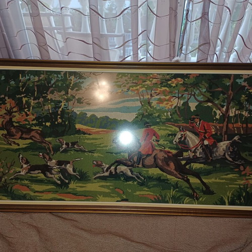 Handmade Embroidered Tapestry Hunting with Horses Vintage Gobelin