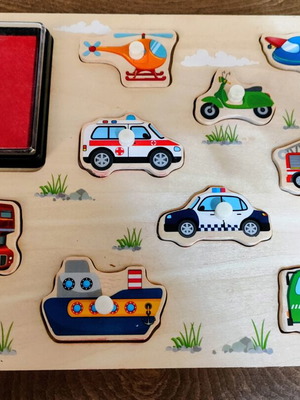 Wooden Educational Set with Vehicle Stamps and Puzzle like new