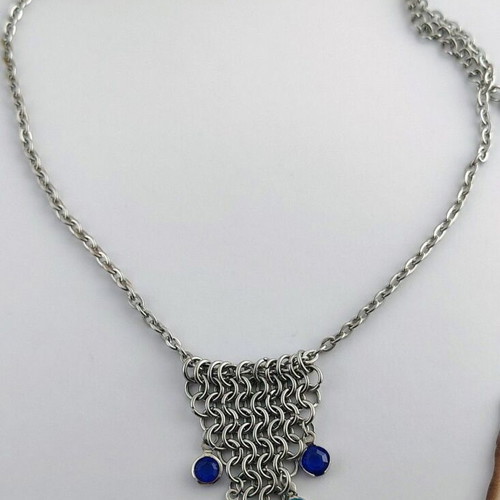 Handmade steel necklace European chainmail with blue crystals new