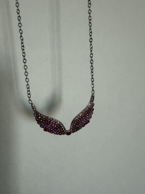 Angel Wings Necklace new, purple lilac rhinestones, stainless steel