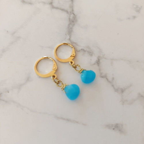 Stainless Steel Hoop Earrings with Turquoise Jade Beads, Handmade