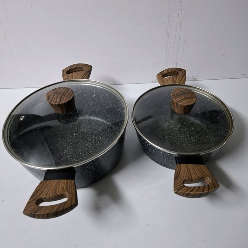 Cookware set like new with stone non-stick coating and wood-look handles
