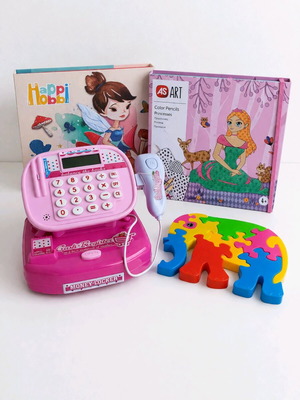 Kids Creative Play Set bundle like new with cash register, coloring kits, puzzle