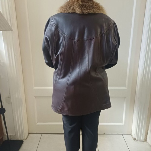 Leather jacket with real fur collar used, brown