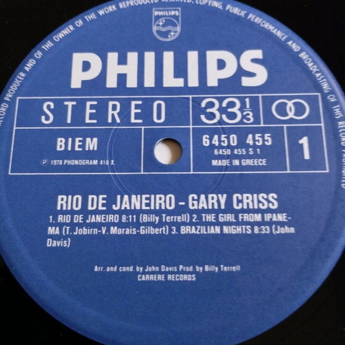 Gary Criss Rio De Janeiro LP album used, electronic