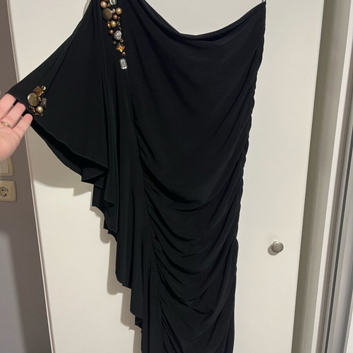 Black evening dress with draped design and metal details like new