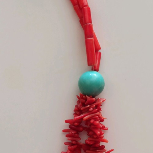 Handmade necklace with natural coral and turquoise stones new