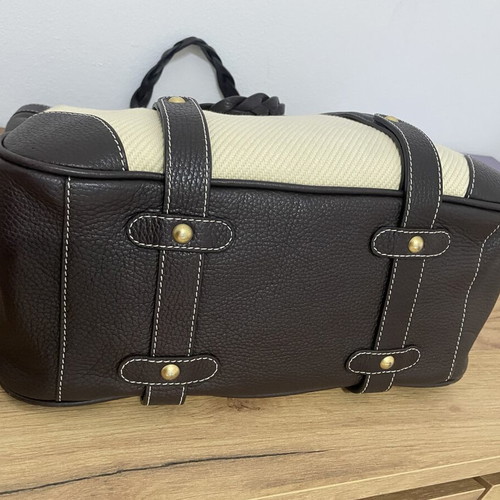 Massimo Dutti leather and cotton tote bag, dark brown and ecru