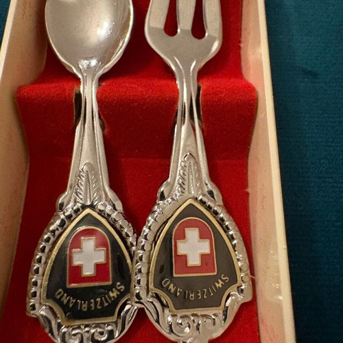 Swiss souvenir vintage miniature spoon and fork set in case like new