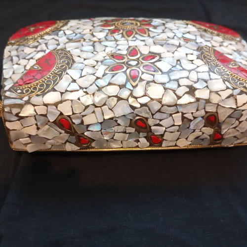 Handmade metal mosaic clutch with mother of pearl and gold chain, like new
