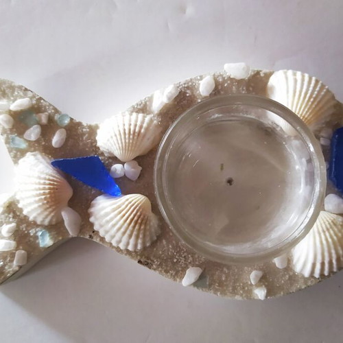 Wooden tealight holder used, fish-shaped, Lefkada souvenir