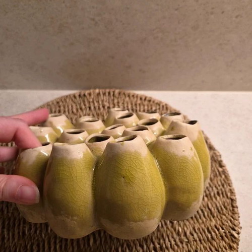 Ceramic flower holder with 18 openings, yellow-green