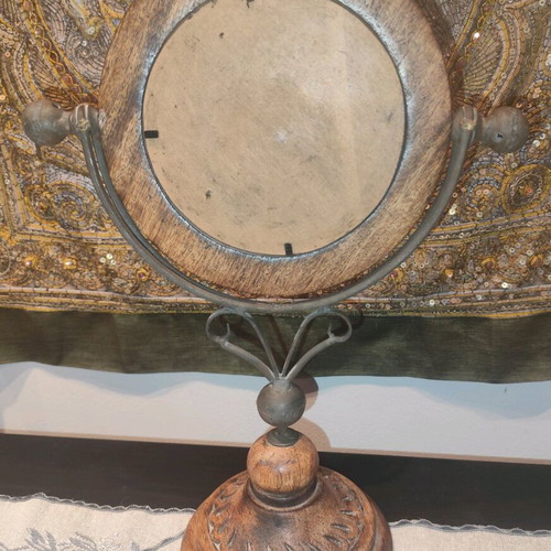 Wooden carved rotating tabletop mirror used vintage