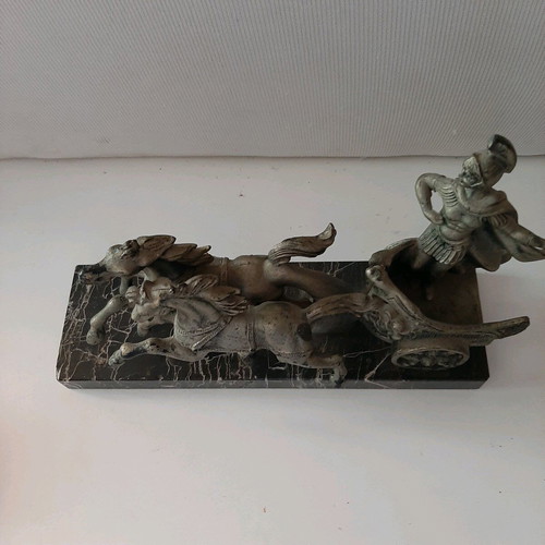 Italian decorative piece used, marble base, chariot scene with Roman soldier