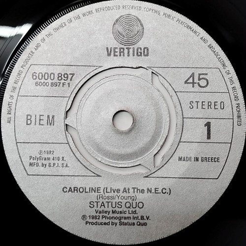 Status Quo Caroline 7'' vinyl record used, metal