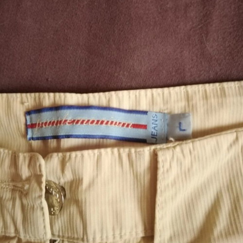 Women's mini skirt used, beige-yellow denim fabric, size L