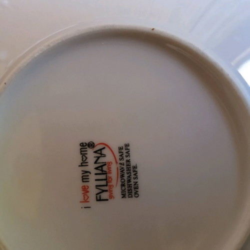 Fylliana tea saucers like new, set of 6 white porcelain with gray designs