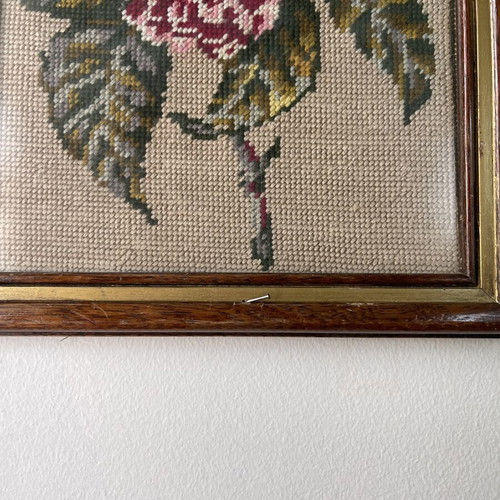 Vintage handmade embroidery wall frame with flowers and wooden frame