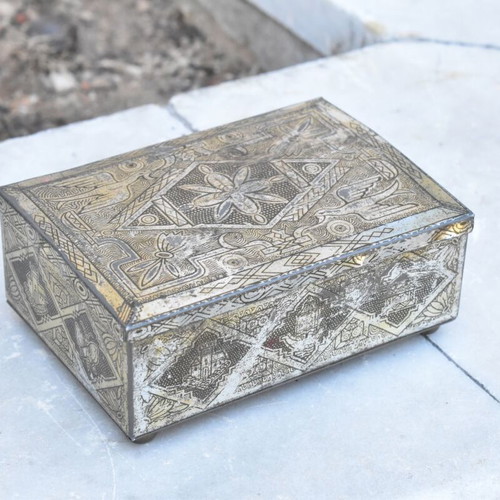 Vintage carved metal tobacco box used with rich decoration
