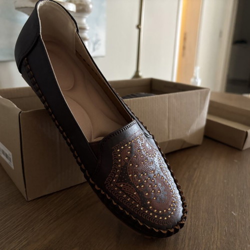 Leather moccasin loafers with paisley embossed design, brown