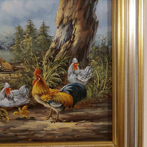 Vintage πίνακας ζωγραφικής υπογεγραμμένος, σαν καινούργιος, σκηνή με κόκορα και κότες