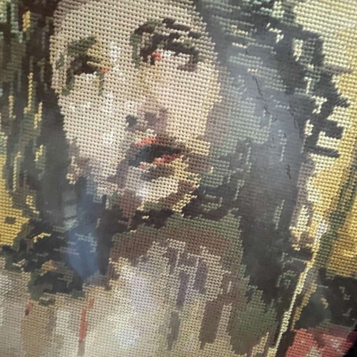 Vintage Jesus Christ embroidery in oval wooden frame like new