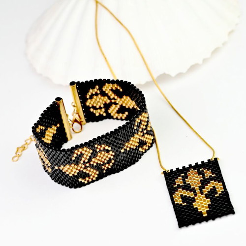 Golden Iris necklace and bracelet custom made, black and gold