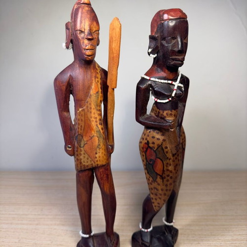 Handmade Maasai couple used, vintage art figures from Kenya 30 cm