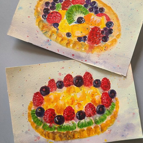 Watercolor artwork new, fruit tarts set of 2