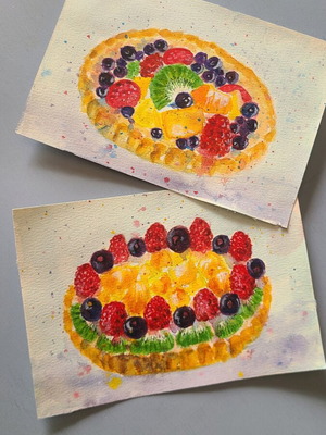 Watercolor artwork new, fruit tarts set of 2