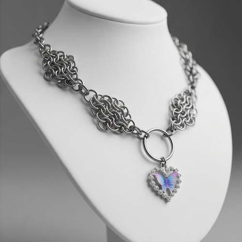 Stainless Steel Choker with Butterfly new, blue and silver