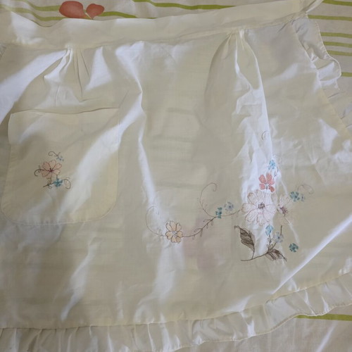 Kitchen apron with handmade embroidery cream color